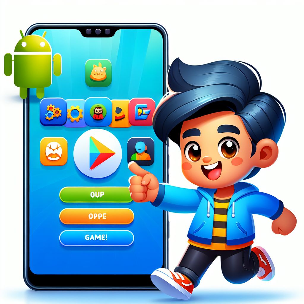 CK999 app themed cartoon character holding a smartphone with bright gaming elements