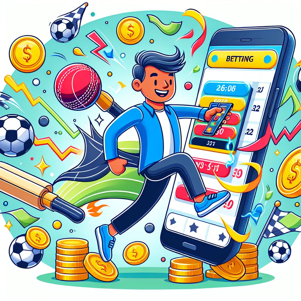 CK999 Bet cartoon character with sports elements, coins, and mobile betting interface