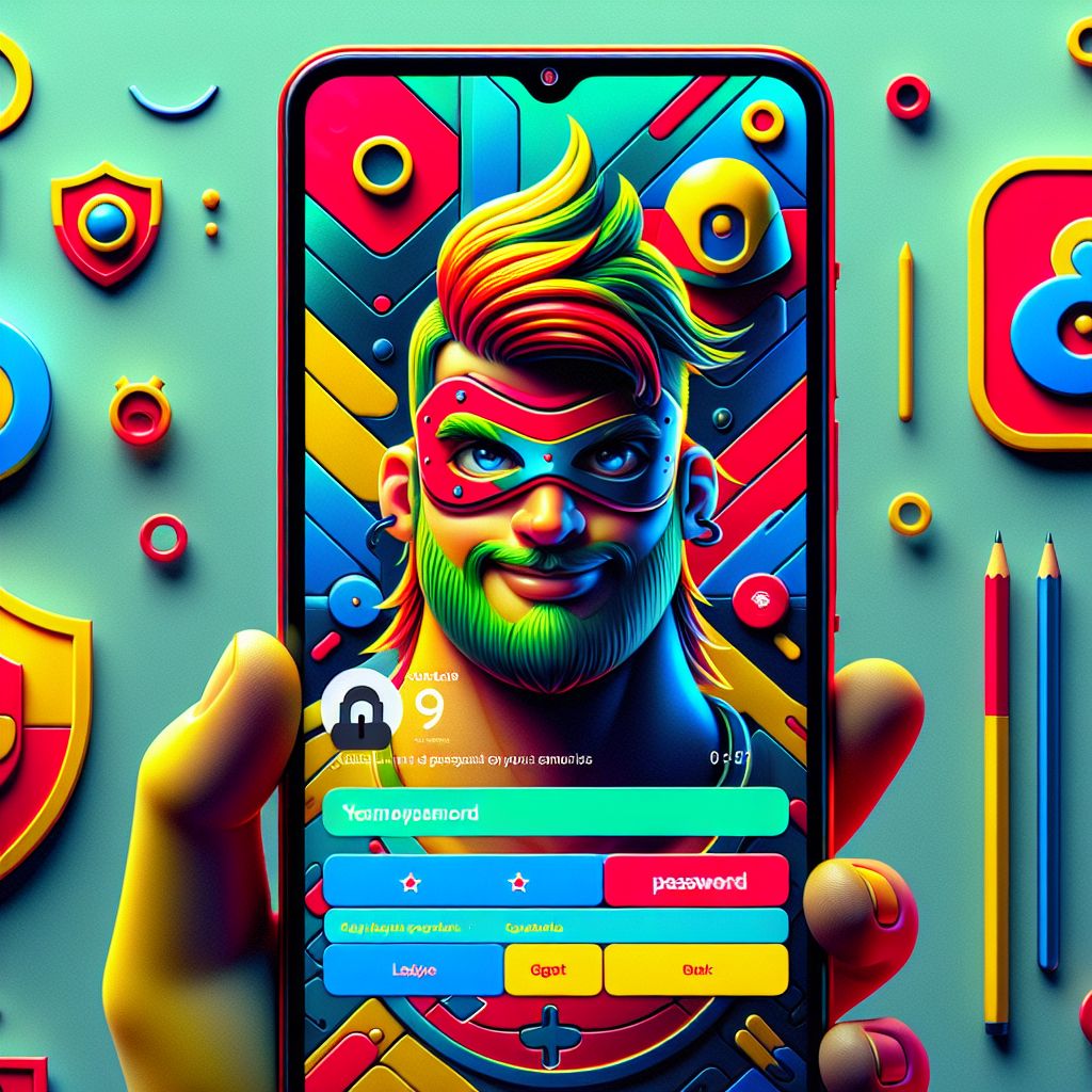 CK999 themed cartoon character using a mobile login screen with secure icons